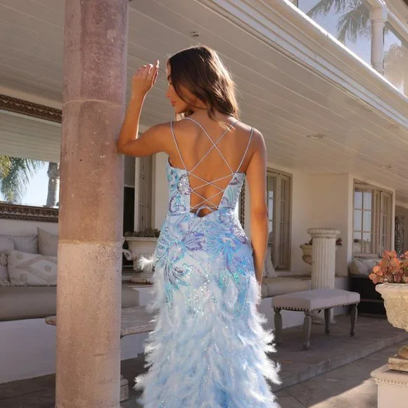 NEW FORMAL SLEEVELESS SHEATH DRESS EMBROIDERED WITH SEQUINS & FEATHERS NX C1413 - Picture 6 of 8